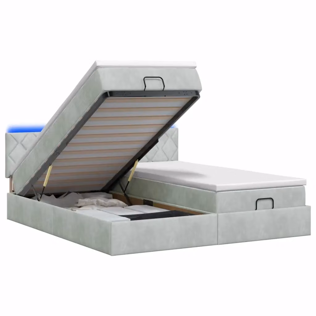 Letto Ottomano con Materasso Ibrido vidaXL in Velluto Grigio e Bianco con Illuminazione LED e Porte USB L/P/H: 200 x 200 x 88 cm – 2