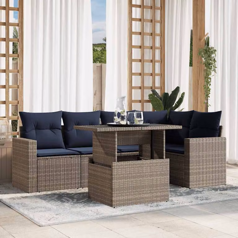 Set da giardino vidaXL in polyrattan composto da 6 pezzi con cuscini grigi e tavolino in vetro