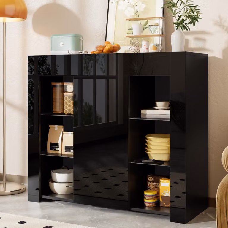 Credenza Merax con frontale lucido e ripiani in vetro, moderno buffet nero, contenitore compatto 95×35×83 cm per soggiorno, sala da pranzo, nero