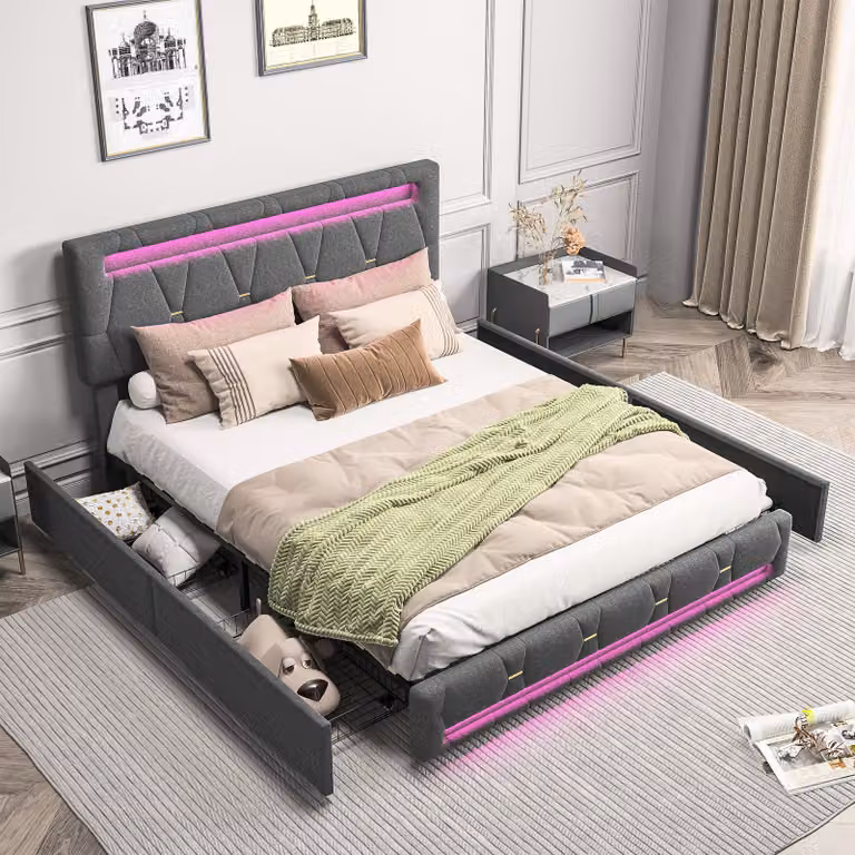 Letto imbottito grigio ProximaX 140x200cm, letto matrimoniale con contenitore, rete a doghe, 4 cassetti e illuminazione LED in lino