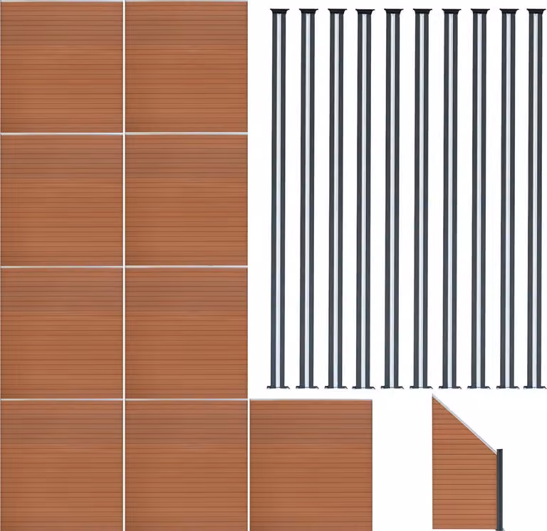 Pannello divisorio in legno-plastica (WPC), quantità 9; elemento angolare, quantità 1; palo per recinzione con luci LED, quantità 10 - Colore marrone
