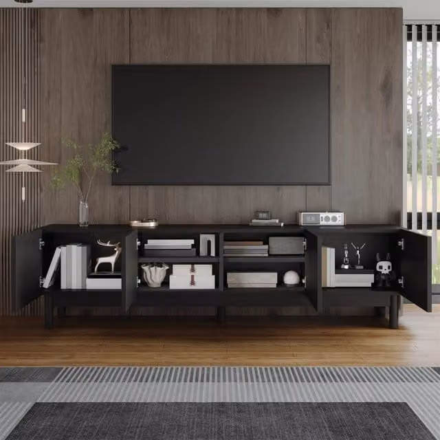 Mobile TV moderno WISHDOR nero con 4 ante e ripiani in legno e MDF L: 169,0 cm, P: 45,5 cm, H: 34,0 cm