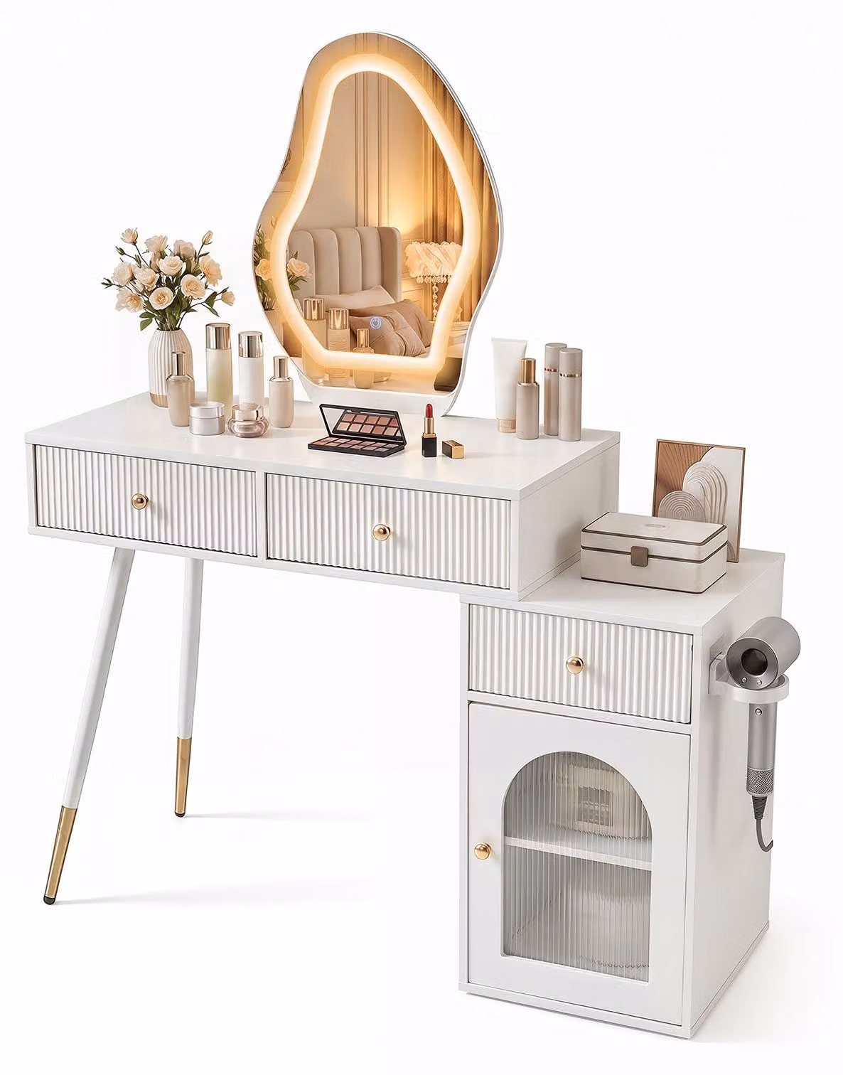Tavolino da trucco COSTWAY con specchio, luci LED, 3 modalità di illuminazione e luminosità regolabile, tavolino da parrucco con pensile laterale, 3 cassetti e portariviste, tavolino per cosmetici bianco