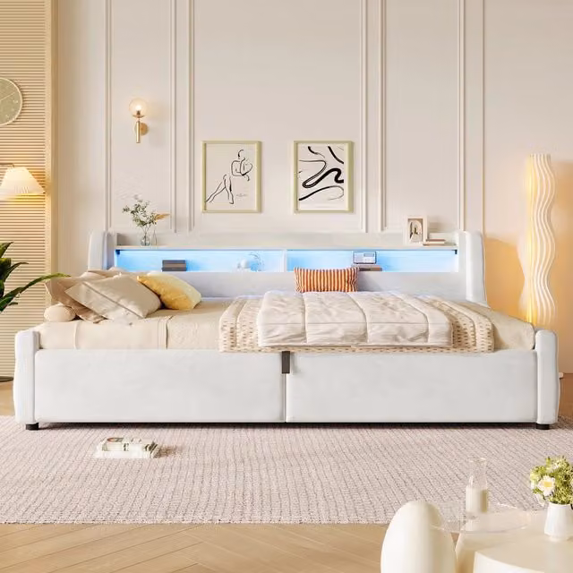 Letto contenitore 140x200 imbottito in velluto beige con apertura idraulica e luci LED
