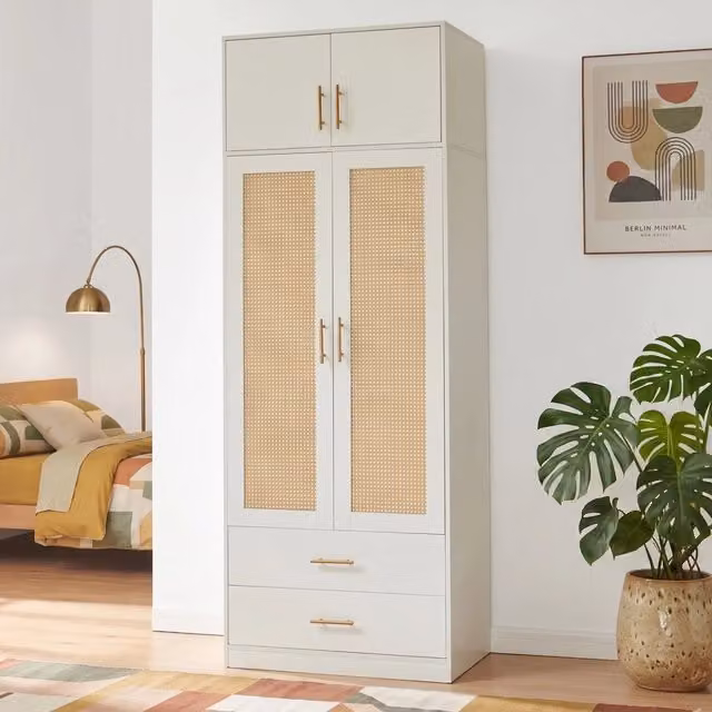 Armadio da Guardaroba Larundi con 4 Ante e 2 Cassetti 216 x 80 x 52 cm - Bianco/Effetto Rattan [en.casa]