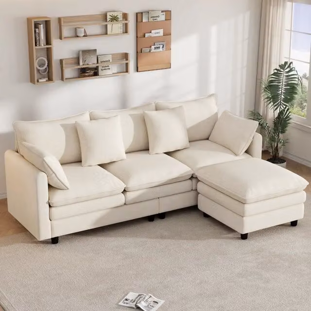 Divano angolare 3 posti in ciniglia beige con chaise longue mobile 212x150x90 cm