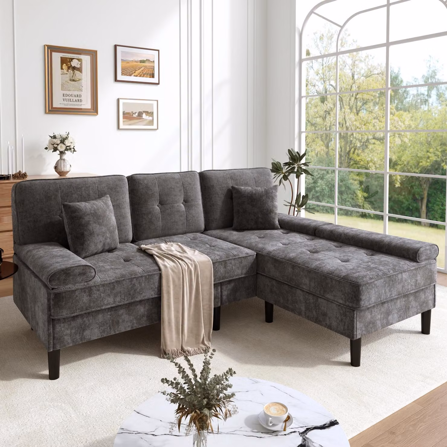 Divano ad angolo a L Merax con funzione letto, divano a 3 posti in ciniglia con poggiapiedi mobile, divano chaise longue modulare con struttura in legno massello, grigio
