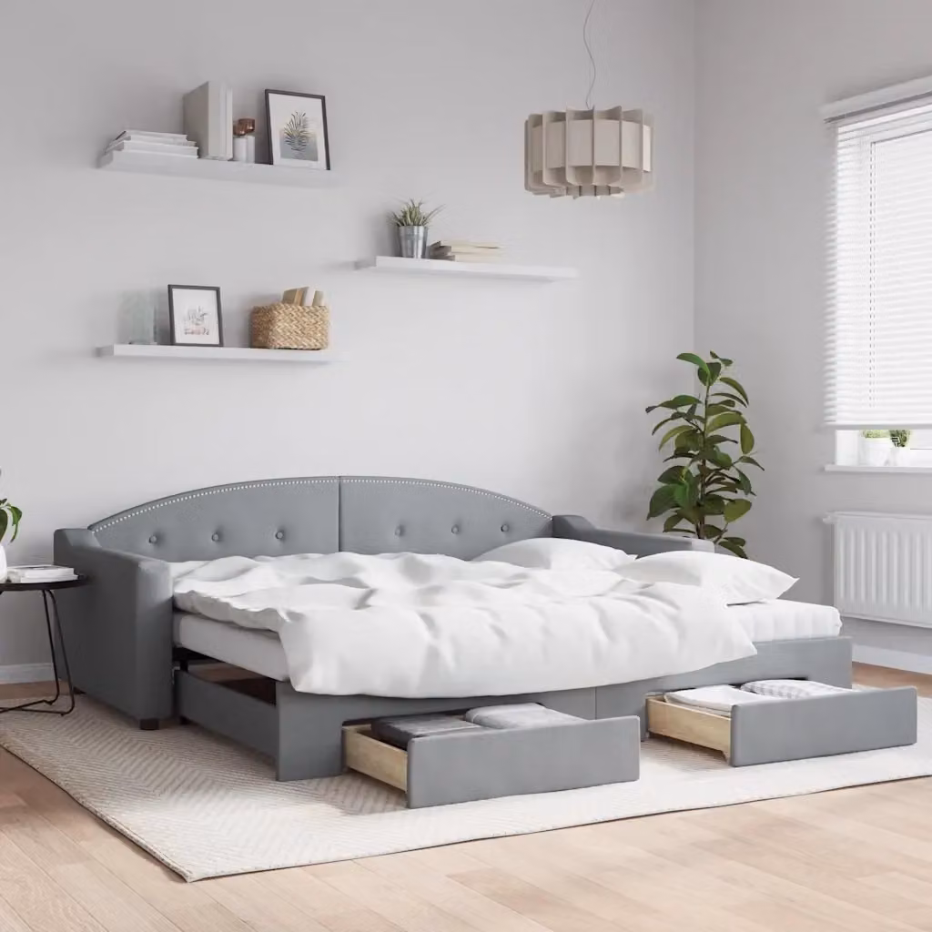 Divano letto singolo estraibile con cassetti in tessuto grigio chiaro DESIGN IN – 2