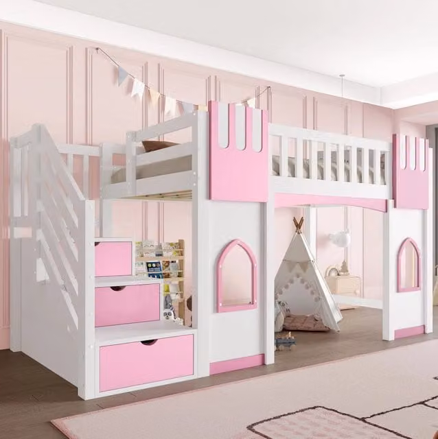 Letto a soppalco 90x200 cm con scala contenitore e finestre; bianco e rosa