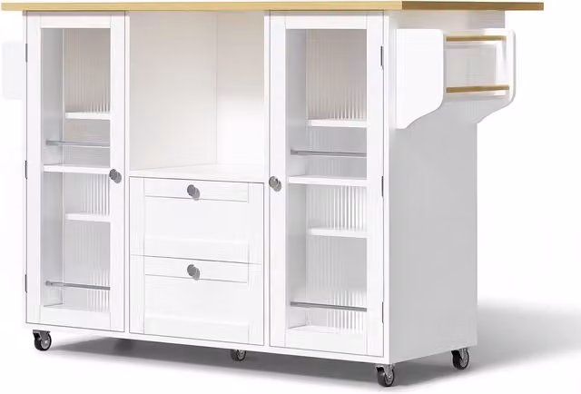 Isola da cucina Aosom con piano di lavoro ribaltabile e ruote, Bianco