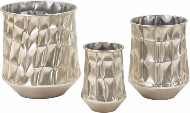 Set di tre portavasi Silver Vikasa Home in metallo argento martellato per tavolo, forma geometrica e moderna, diametro: 35 cm, altezza: 3,5 cm – 1