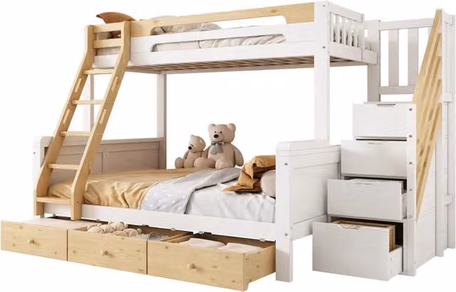Letto a castello 90x200 e 140x200 cm con scala contenitore; 3 cassetti e protezione anticaduta; bianco e naturale