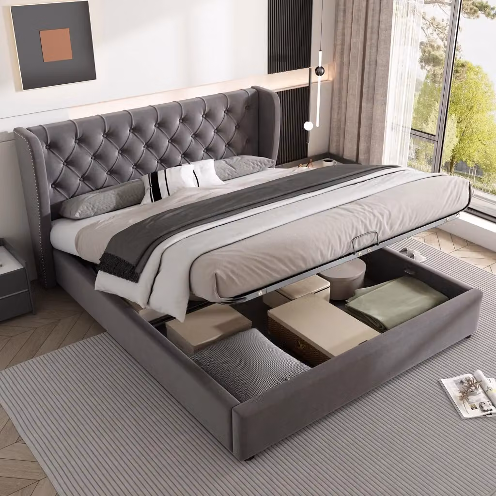 Letto matrimoniale Chesterfield WISHDOR in velluto grigio con contenitore a sollevamento idraulico e testiera alta L/P/H: 207 x 140 x 146 cm – 2