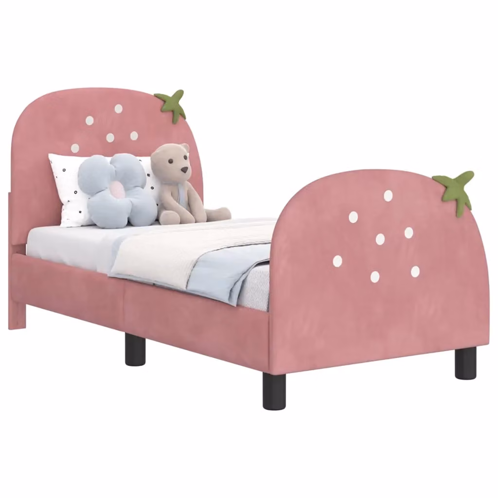 Struttura letto per bambini con testata e giroletto in velluto rosa, design moderno, L 140 x P 70 x H 74 cm – 2