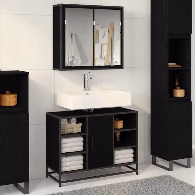 Set di mobili per il bagno moderno vidaXL composto da mobile lavabo e armadietto specchio nero L: 80 cm, P: 33 cm, H: 60 cm