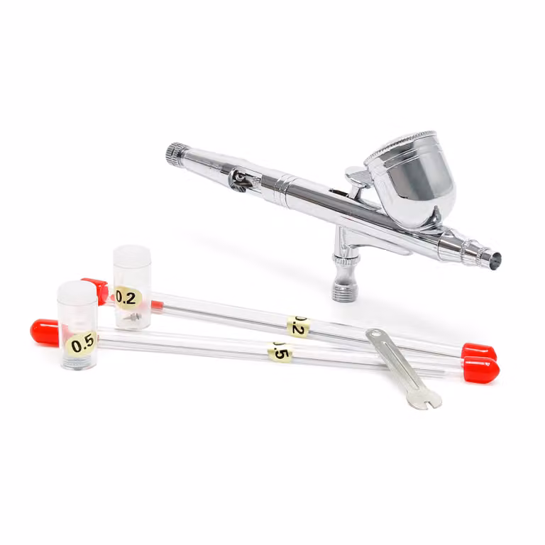 Set di pistole per aerografo Wiltec tipo 130T con funzione a doppia azione, ago e ugello Ø 0,2-0,5 mm, 1 tazza di colore, adattatore per modellismo, nail art ecc.