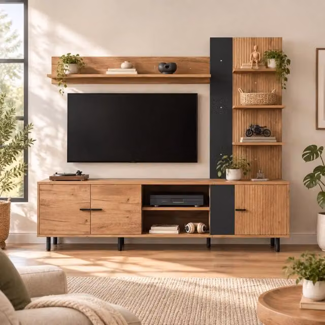 Parete attrezzata TV ULEVR 187,5x40x167 cm con 3 mobili e ripiani aperti, finitura legno e nero