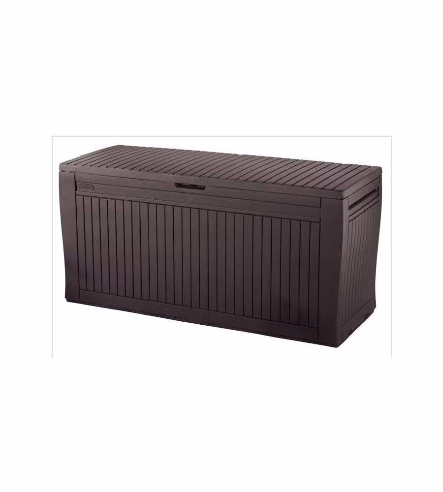 Baule da giardino Keter Comfy marrone con effetto legno, capacità 270L, L: 119,2 cm, P: 44,7 cm, H: 57 cm – 1