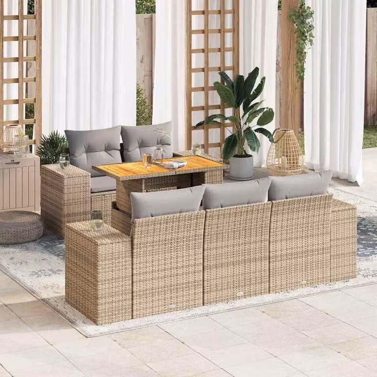 Set Divano da Giardino vidaXL 6 pz in Polyrattan con Cuscini Beige e Tavolino da Esterno a Forma di L