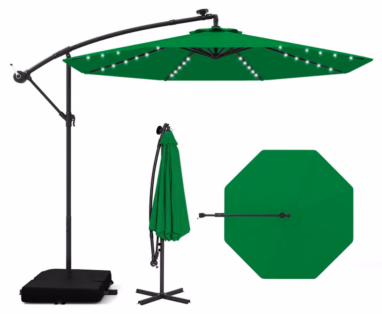 COSTWAY Ombrellone da 300 cm con supporto e luci LED, ombrellone con manovella, ombrellone da giardino, protezione UV, ombrellone da mercato, ombrellone da terrazza verde