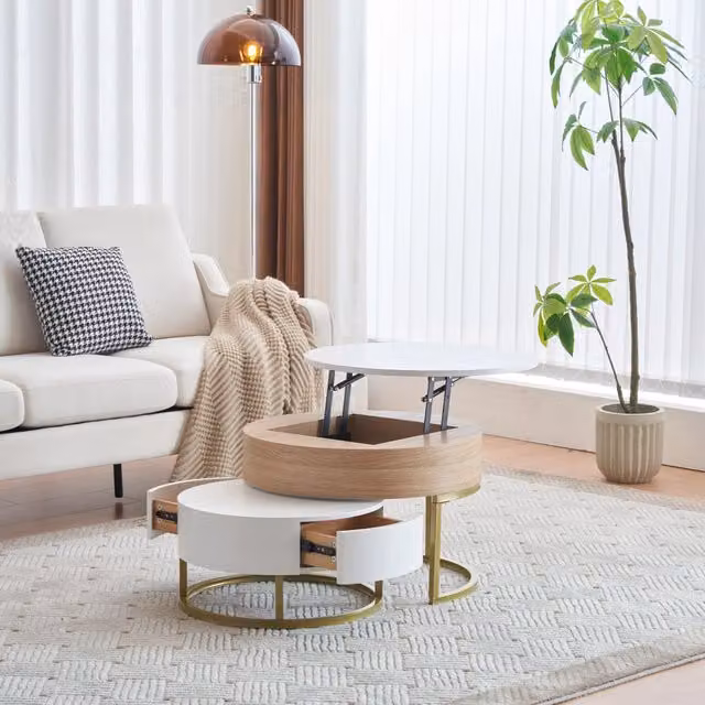 Tavolini da salotto impilabili con piano elevabile e cassetto, struttura in MDF e metallo dorato, bianchi, per soggiorno