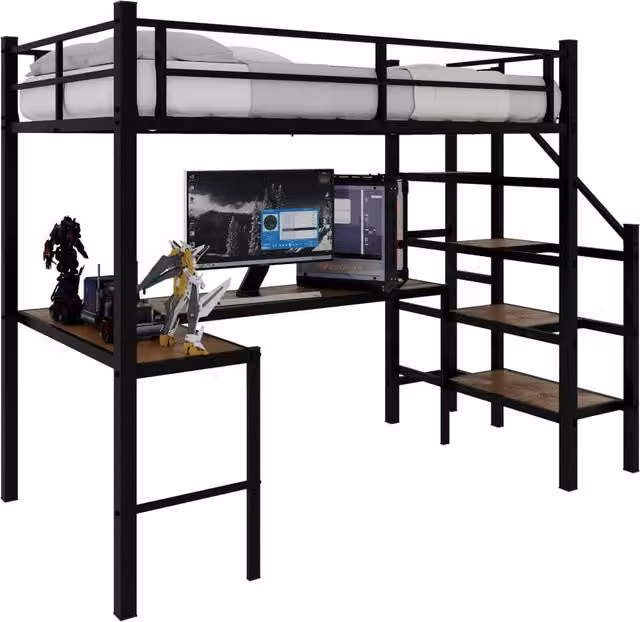 Letto a soppalco REDOM in metallo nero con scrivania a L e scala, L/P/H: 197 x 98 x 175,5 cm