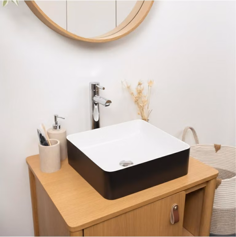 Lavabo da appoggio quadrato YDRA da 36 cm in Vetroceramica bicolore bianco e nero