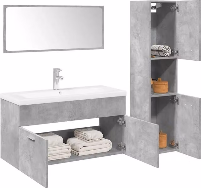 Set Mobili da Bagno Moderno vidaXL in Legno e Vetro, Colore Grigio e Bianco, Composizione con Mobile Lavabo, Pensile e Armadietto Specchio