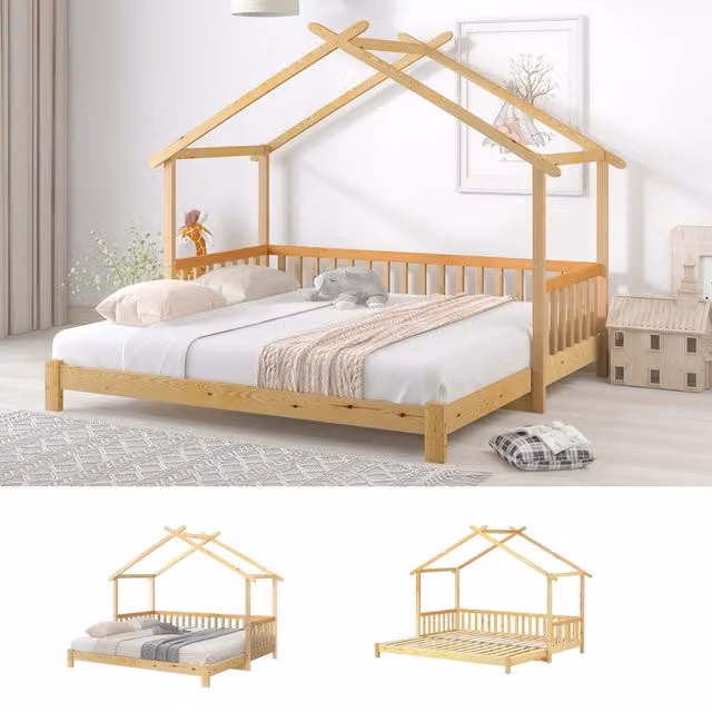 Letto casetta estensibile per bambini in legno massello; singolo e matrimoniale 90x200/180x200 cm