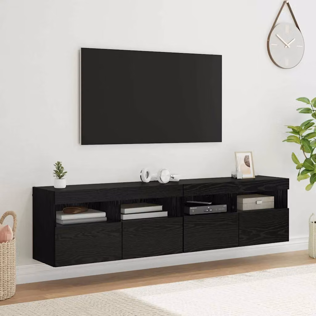 Set di 2 mobiletti TV da parete vidaXL moderni in legno MDF nero e rovere con illuminazione integrata L/P/H: 80 x 40 x 40 cm