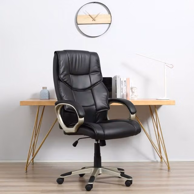 Sedia da ufficio ergonomica nera in ecopelle, altezza regolabile 114-124 cm, funzione dondolo