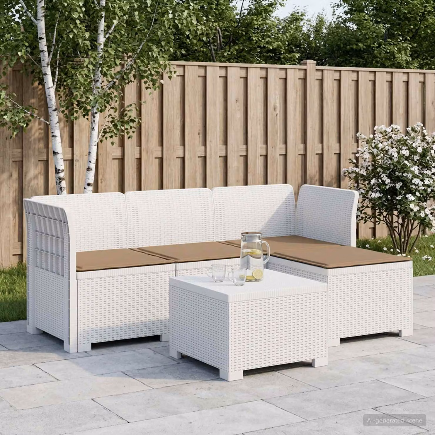 Divano da giardino angolare a L vidaXL con cuscini, design moderno in aspetto rattan bianco e beige, resistente alle intemperie e ai raggi UV