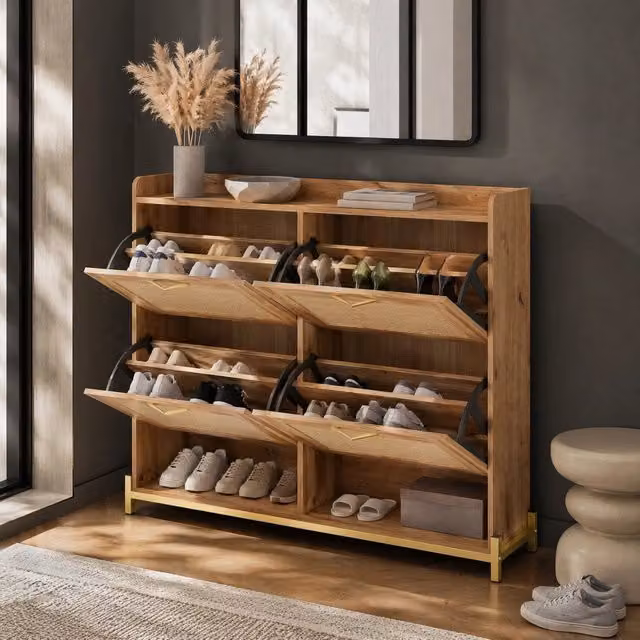 Scarpiera moderna con quattro ante in rattan e finitura marrone, L: 100 cm, P: 24 cm, H: 108,5 cm