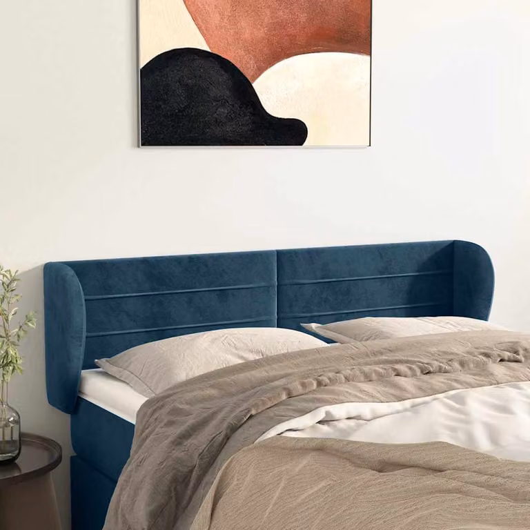 Testiera per letto vidaXL in velluto blu scuro con design ad orecchio, L: 147 cm, P: 23 cm, H: 78-88 cm