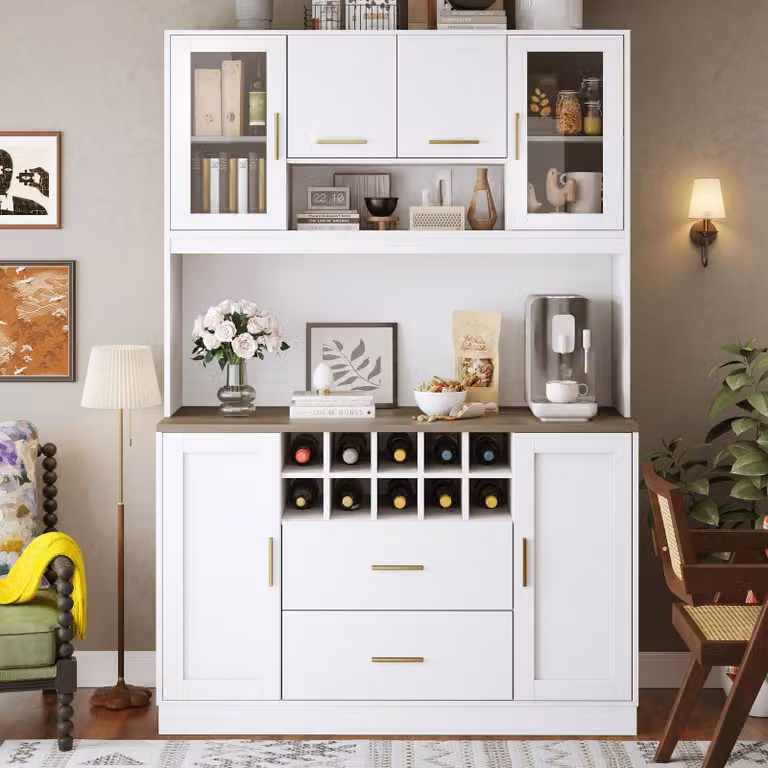 Flieks mobile alto da cucina con led, mobile buffet da cucina con usb e presa, mobile da cucina con spazio di archiviazione, 120x36,3x180cm, bianco