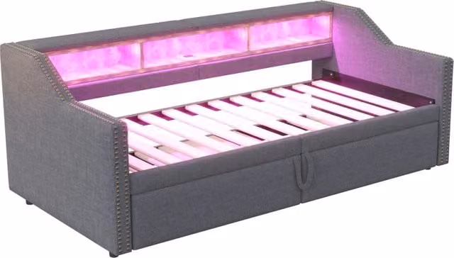 Letto estraibile moderno con illuminazione LED, porte USB e ripiani laterali, grigio scuro, L/P/H: 180 x 200 x 74 cm – 1