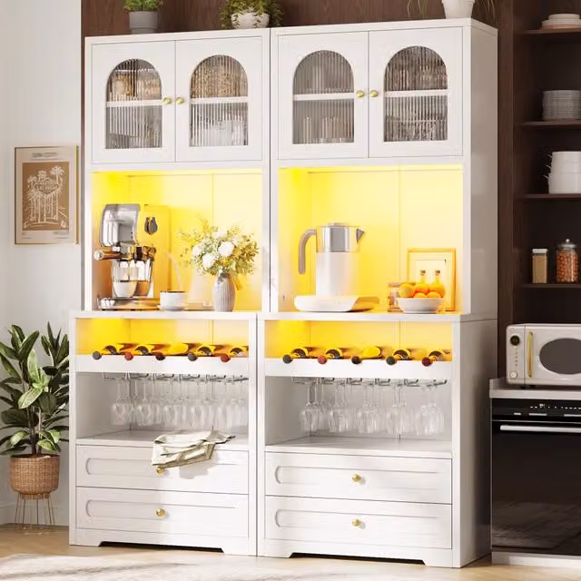 Mobile colonna da cucina con ante in vetro arcuate LED via app portabottiglie MDF bianco 140 × 40 × 180 cm