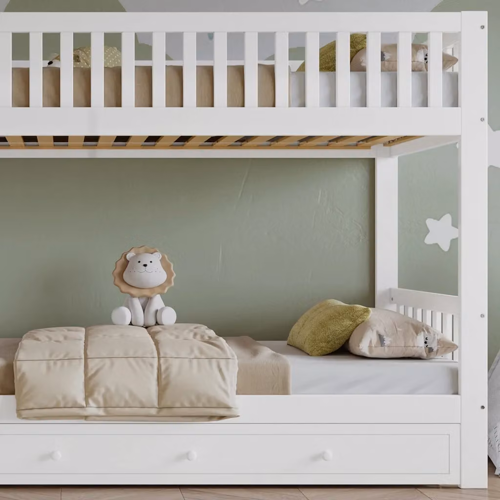 Letto a castello per bambini con scala dritta a 4 gradini e sponde su 4 lati, bianco e naturale, L/P/H: 200 x 90 x 160 cm – 2