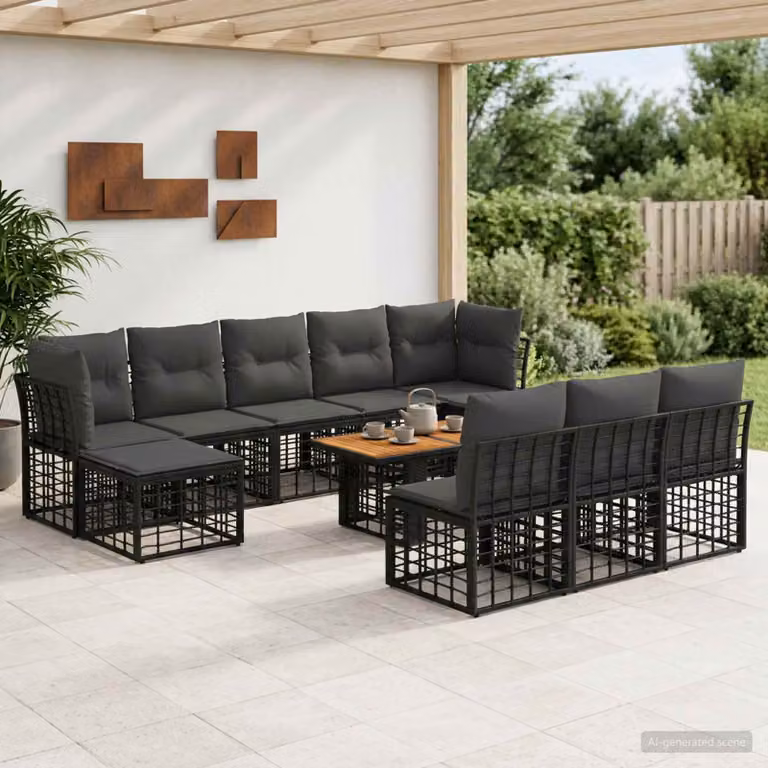 Set Divano da Giardino vidaXL 11 pz in Polyrattan Nero e Grigio scuro con Struttura in Legno di Acacia