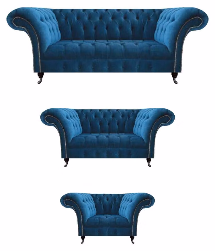 Chesterfield Blaue Polstergarnitur Wohnzimmer Sofagarnitur 3-Sitzer 3tlg