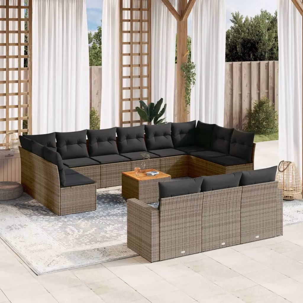 vidaXL Set Divani da Giardino 14pz in Polyrattan Grigio con Cuscini e Tavolino da Esterno – 1