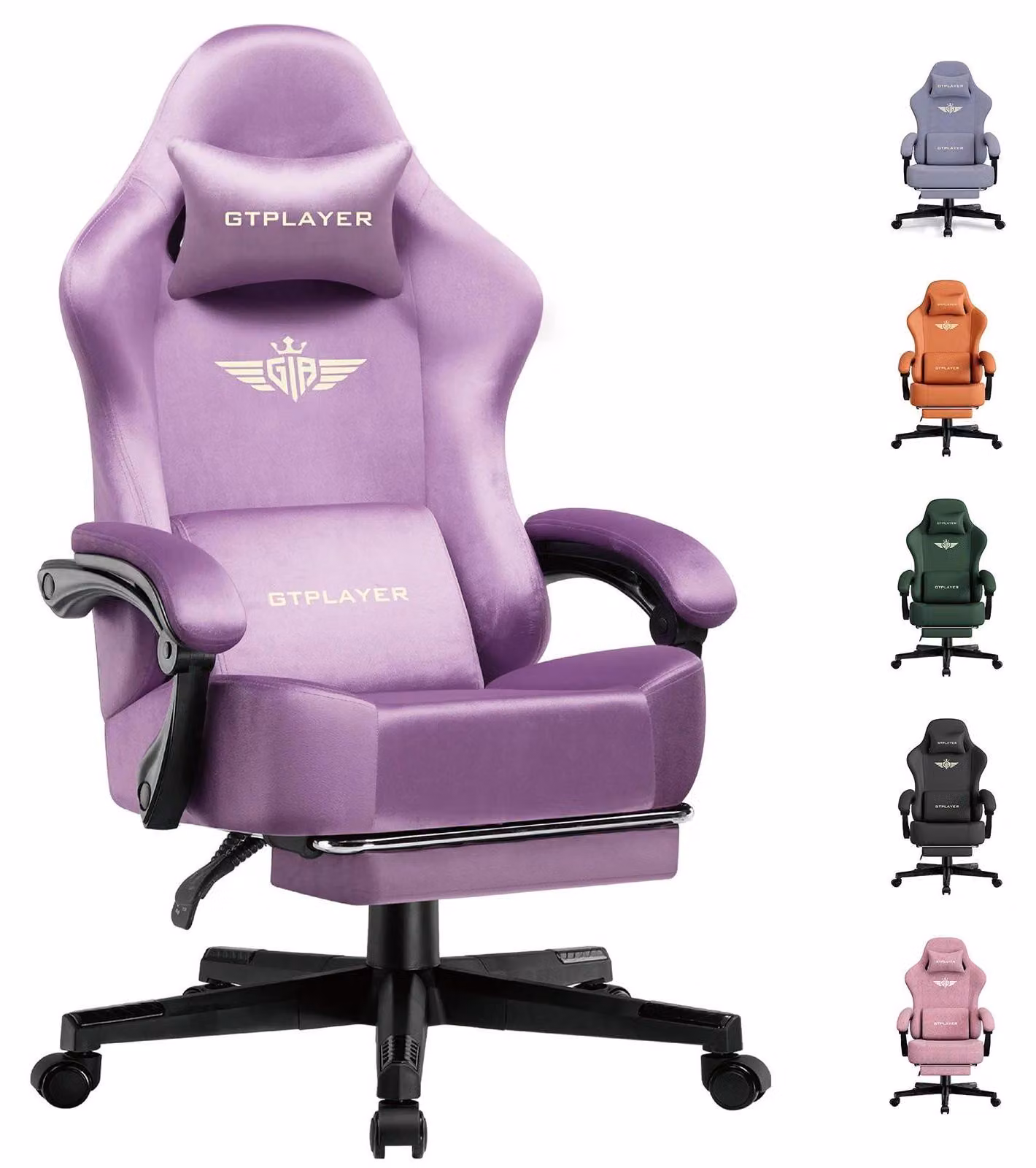 Sedia da gaming e da ufficio - GT829 - Velluto, ergonomica, regolabile in altezza, girevole a 360°, braccioli, rotelle - Lavanda