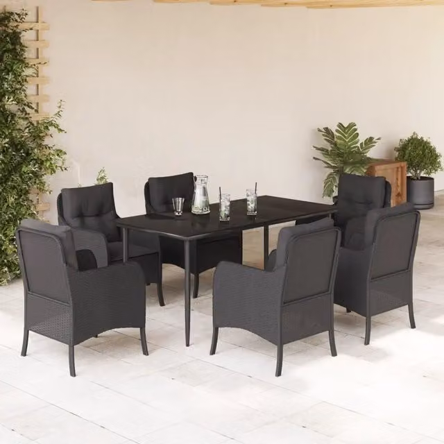 Set da Pranzo da Giardino vidaXL in Polyrattan Nero con Tavolo in Vetro e 7 Sedute – 1