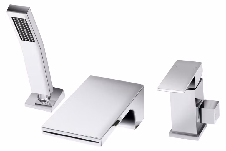 Miscelatore per lavabo con doccetta, 3 fori, cromato, in ottone, modello a cascata