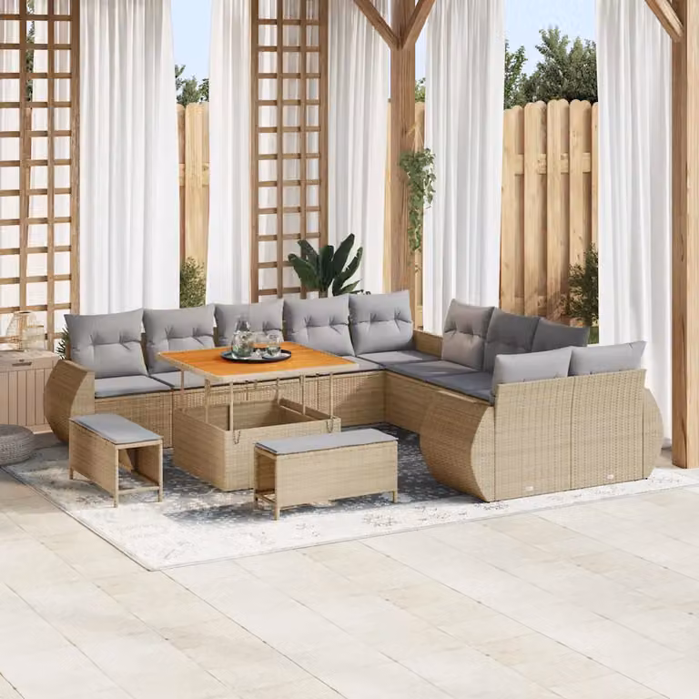 Set Divano da Giardino vidaXL 13 pz Beige con Cuscini e Tavolino in Polyrattan e Acciaio