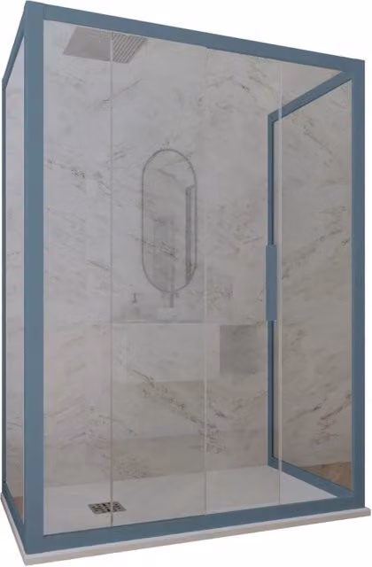 Box doccia 3 lati Deco Trio FORTE con vetro trasparente e profilo blu navy, L 140 cm x P 70 cm x H 200 cm
