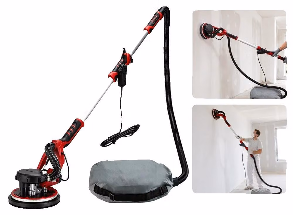 Levigatrice per cartongesso, motore da 1390W, diametro della testa da 225mm, regolazione a 6 velocità, aspirazione automatica della polvere, manico telescopico da 200cm