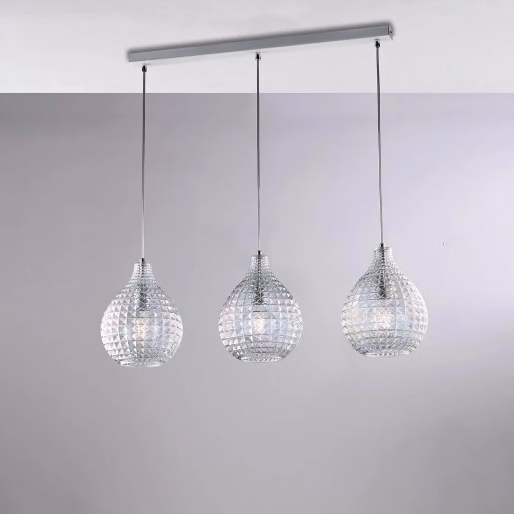 Lampada a sospensione Diamante BELIGHT con 3 luci su binario in ferro bianco e vetro soffiato trasparente – 2