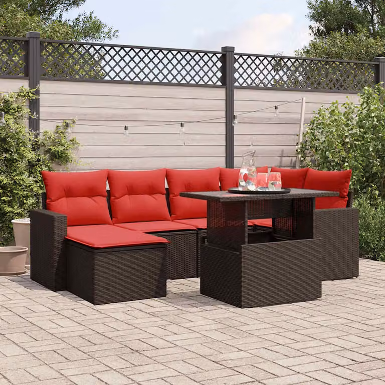 Set di divani da giardino vidaXL in polyrattan marrone con 7 pezzi e cuscini