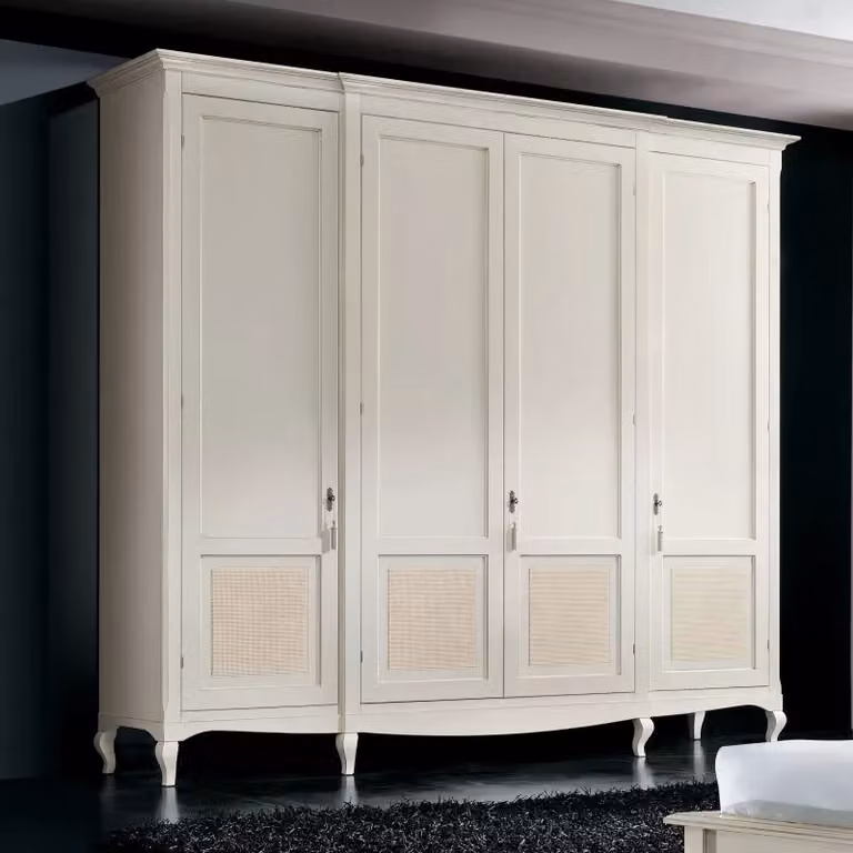 Armadio classico a 4 ante con paglia di Vienna in legno bianco shabby Mobili 2G L/P/H: 286 x 65 x 255 cm